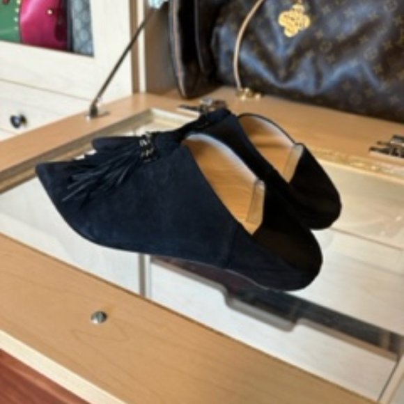 CHRISTIAN LOUBOUTIN SIZE 38.5 SPIKE ACCENTS SUEDE BLACK FLATS - Picture 4 of 5